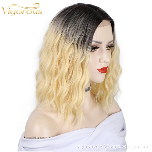 Ombre Black Blonde Water Wave Cheapest Price Bob Cut Glueless Curly Short Synthetic Hair Wigs For Black Women